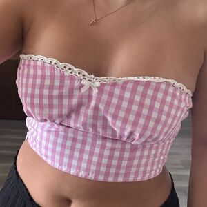 Forever 21 Pink Gingham Lace Trim Crop Top